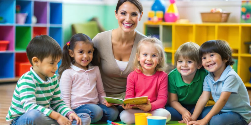 Small group childcare with caregiver and children in a daycare setting