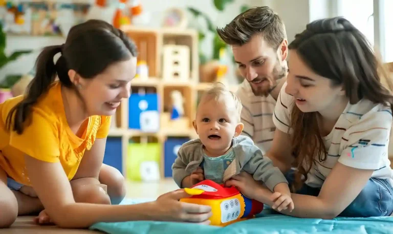 Parents and childcare educator engaging with a baby during a play-based learning activity at a childcare centre.