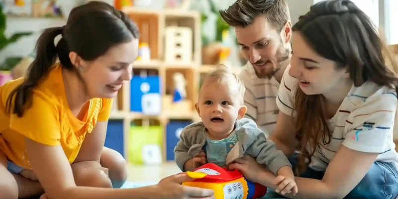 Parents and childcare educator engaging with a baby during a play-based learning activity at a childcare centre.